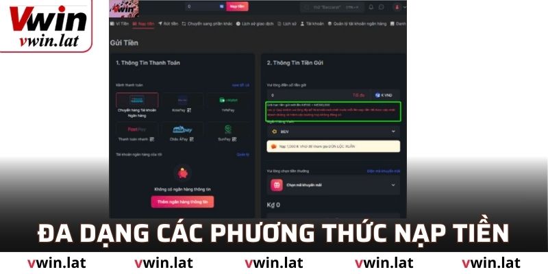 Đa dạng các phương thức nạp tiền VWIN